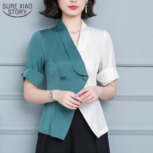 2021 New Summer Button Ladies Tops Short Sleeve Silk Satin Women Shirts Office Elegant Solid V Neck Women Blouse Plus Size 10095
