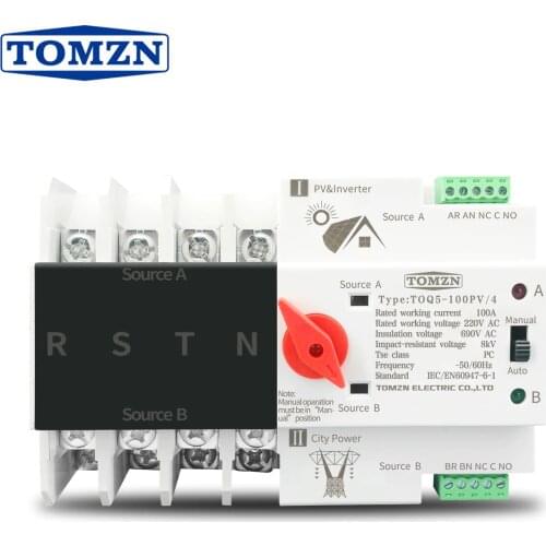 4P 3 Phase 4 wire Din Rail ATS for PV and inverter Dual Power Automatic Transfer Selector Switches Uninterrupted 63A 100A 125A