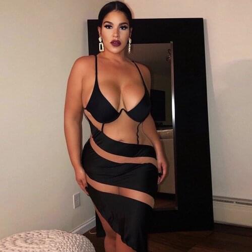 Ailigou 2021 Womens Sexy Mesh Patchwork Leotard Dress Sleeveless Hollow Fitness V-Neck Party Club Clothing Camisole Vestido