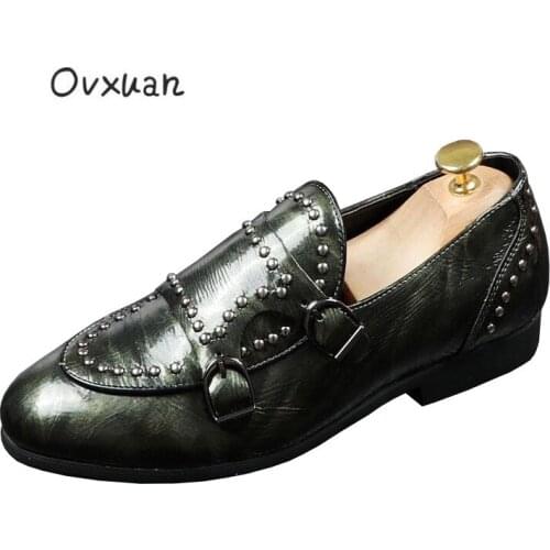 OVXUAN All Green Boots Metal Coin Rivet Microfiber Leather Slip-on Strap Mens Punk Shoes Casual Banquet Men Flats mocassin homme