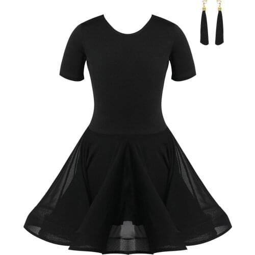 Kids Girls Short Sleeve Open Back Latin Dance Costumes Salsa Ballet Tango Rumba Ballroom Dancewear with Shorts Tassel Accessory