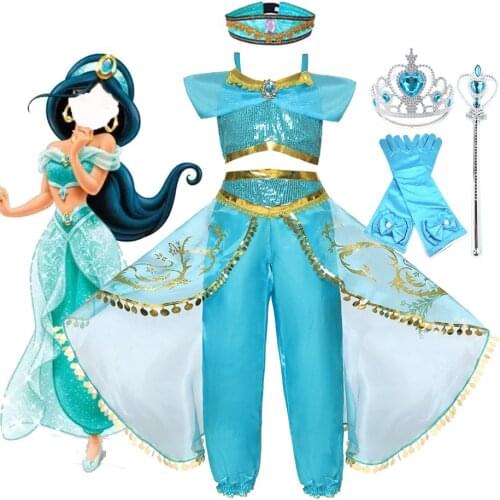 Girls Jasmine Dress Up Carnival Outfits Kids Summer Arabian Princess Costume Children Christmas Birthday Party Clothing 3-8 Year