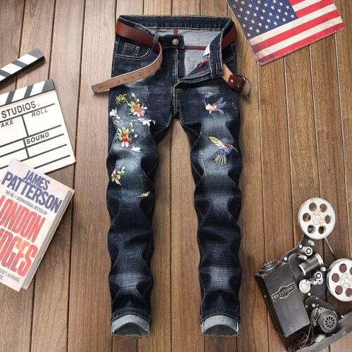 2019 Cotton jeans male ripped distressed brand fashion casual flowers embroidery homme denim trousers plus size 38 men jeans