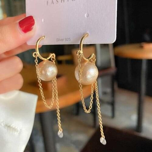 Elegant Korean Pearl Round Long Tassel Prevent Allergy Drop Earrings for Women Personality Crystal Pendant Jewelry 2021