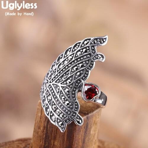 Uglyless Exaggerated Big Butterfly Rings for Women Ethnic Retro Dress Open Ring Heart Garnet Bijoux 925 Silver Fine Jewelry R868