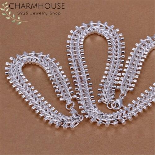 Silver 925 Jewelry Sets for Women 12mm Width Fish Bone Bracelet Necklace Collier Pulseira 2PCS Fashion Jewelry Accessories Set