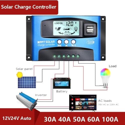 MPPT 20A/30A/40A/50A/100A PWM Solar Charge Controller Solar Power Regulator 12V 24V Auto Dual USB LCD Display Load Discharger