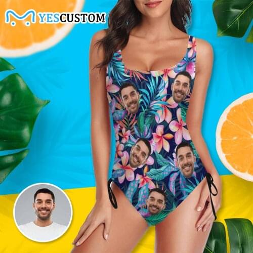 Custom Face Photo Bathing Suit Women Bikini Bra Beach One Piece Fresh Flowers Personalized Drawstring Side Female Gift Swimwear
