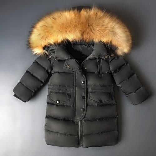 CHCDMP Children Winter Duck Down Girls Thickening Warm Down Jackets Long Big Fur Hooded Outerwear Coats Kids Zipper Down Jacket