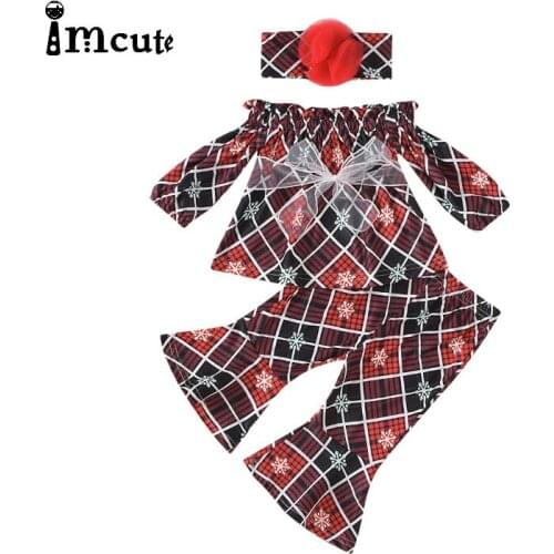 Imcute Snowflake Toddler Baby Girls Clothes Plaid Print Long Sleeve T-shirt Tops +Long Flare Pants Christmas Autumn Party Set