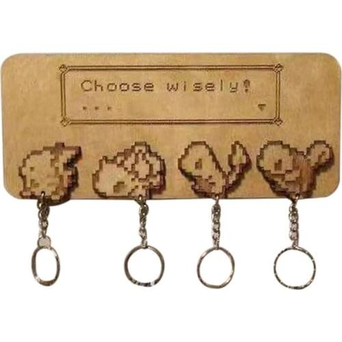 Wooden Craft Key Ring Set With Fasteners Wood Carving Wall Hanging Keychains Squirrel Cartoon Character Pendant Decoration