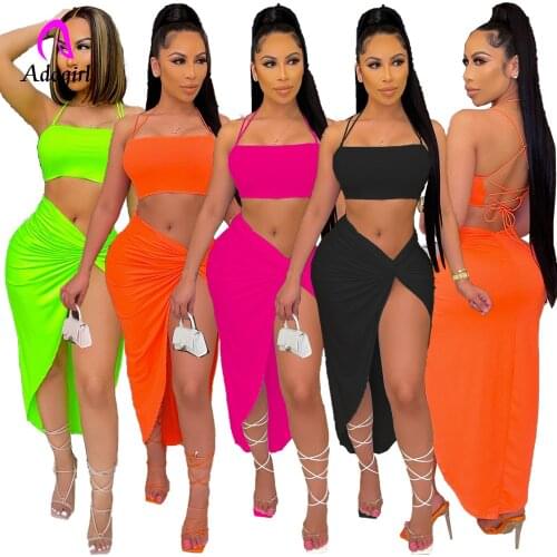 Neon Green Solid Twist Skirt Set Spaghetti Straps Backless Crop Top + High Waist Slit Skirt 2021 Summer Club Party 2 Piece Set