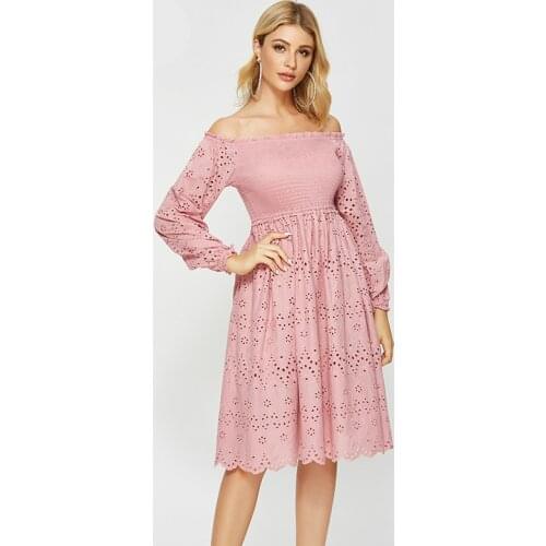 2019 New Slash Neck Embroidered Casual Ladies Dresses Pink Hollow Out Corset Midi Work Dress Women Brief Winter Christmas Dress