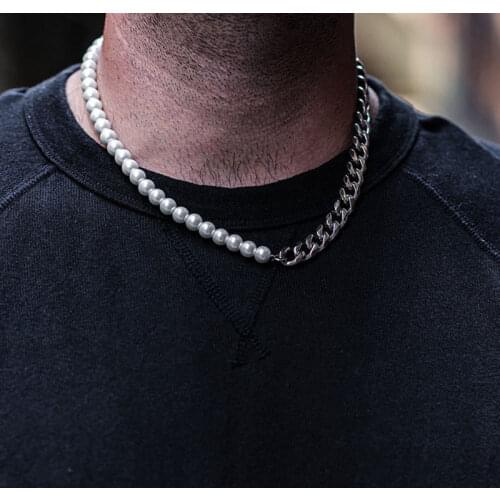 Plated Half 10mm miami cuban link chain and half 8mm pearls choker necklace for Men and Women in Stainless Steel