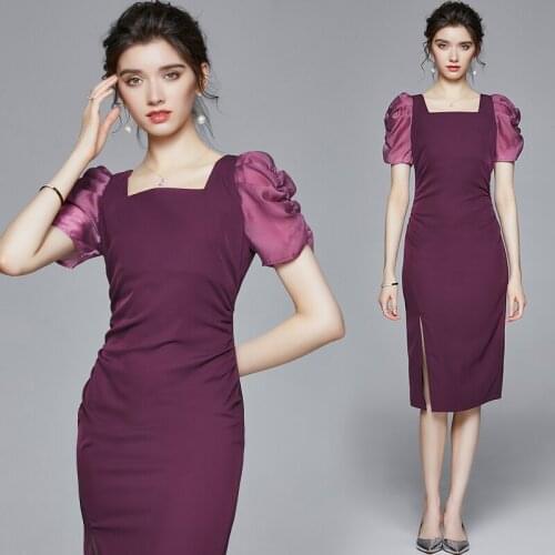 ZUOMAN Women Elegant Pencil Dress Festa High Quality Wedding Cocktail Party Robe Femme Puff Sleeve Designer Purple Vestidos