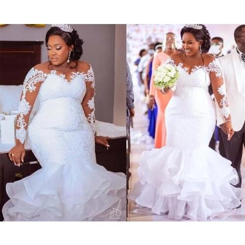 Plus size Mermaid Illusion Long Sleeves Wedding Dresses Bridal Gowns South African Country Designer Applique Ruffled Organza