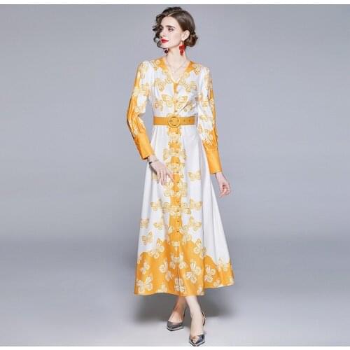 Palace Style Dress Women Summer Single Breasted V-neck Long Sleeve Dresses Butterfly Slim Printed Lantern Sleeve Mid-calf Dress