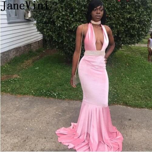 JaneVini African Velvet Pink Mermaid Prom Dress for Black Girls High Neck Beaded Sexy Long Party Gowns Sweep Train Evening Wear