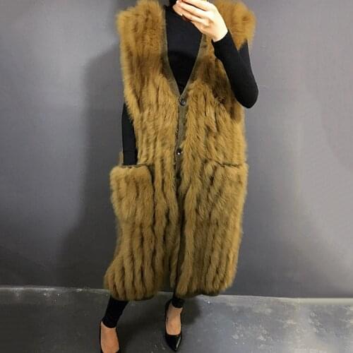 Rf20211 2020 New Arrival Autumn Spring Womens Real Fox Fur Vest Long Stripe with Pocket Single Breasted