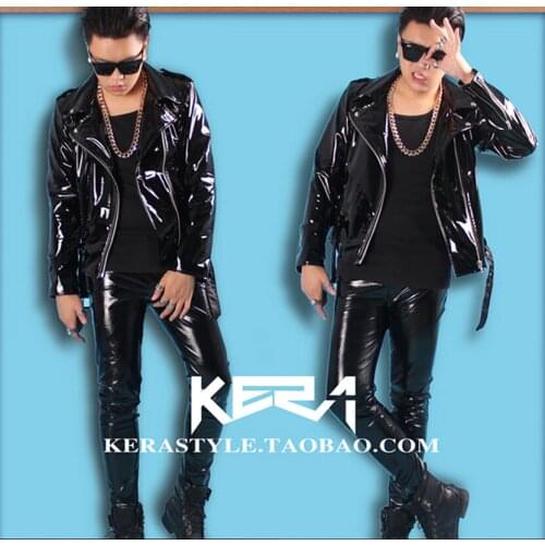 S-4xl ! 2020 New Mens Slim Dj Male Singer Shiny High Elastic Locomotive Coat Motorcycle Leather Jacket Costumes Men Clothing