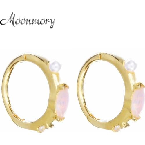 Moonmory 925 Sterling Silver Multi Stone Huggies Hoop Earring Simple Luxury Pink Eye Opal Hoop Earring For Women Birthday Gift