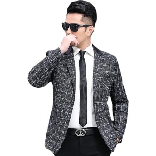 High Grade Business Men Leather Jacket Plaid Suit Collar Slim Casual Sheepskin Leather Genuine Leather Coat Mens Leather Blazer