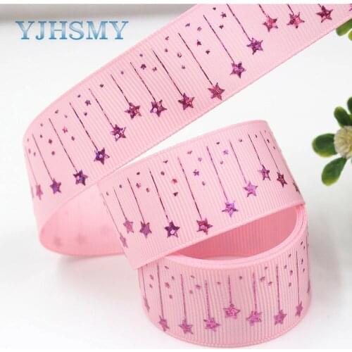 YJHSMY G-18609-403,25 mm 10 yards laser Silver Colored pentagonal stars Printed grosgrain ribbon DIY headdress wedding gift wrap