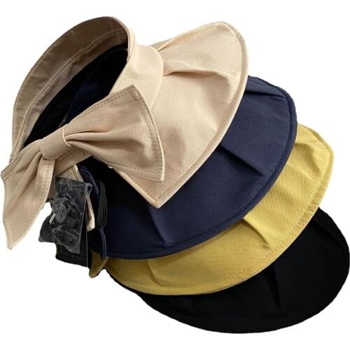 6 Colors Women Sun Hollow Hat Solid Color Breathable Wide Brim Hollow Top UV-Proof Sunbonnet with Bowknot for Girls