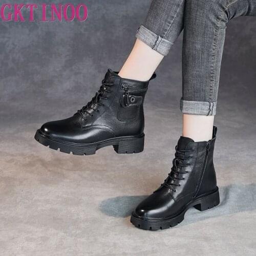 GKTINOO Women Boots Genuine Leather 2021 New Autumn Fashion Women Short Boots British Style Thick-soled Womens Motorcycle Boots