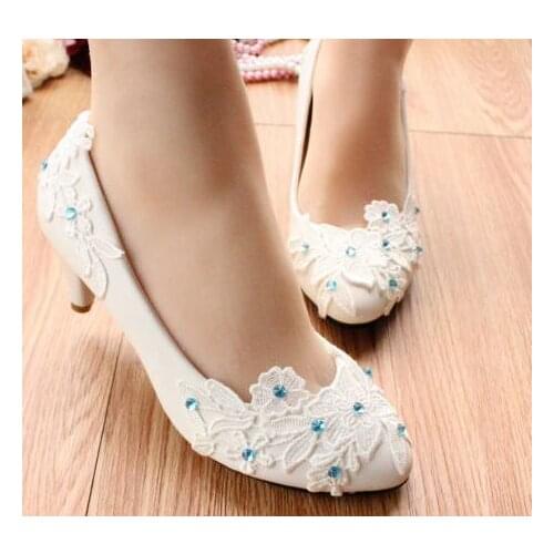 100% handmade wedding shoes white, lace blue patchwork fashion ladies white party pumps shoes, TG056 mid-heel dance shoes