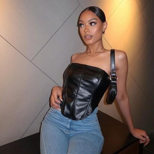 PU Artificial Leather Corset Women 2021 Spring New Style PU Leather Tube Top Waist T-shirt Top Sexy Club Party Streetwear