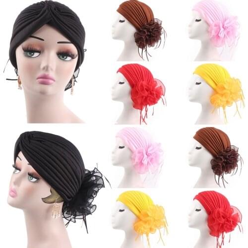 Women Muslim Turban Big Flower Cap Pleated Underscarf Head Scarf Head Wrap Loss Chemo Hat Hair Loss Beanies Bonnet Skullies New