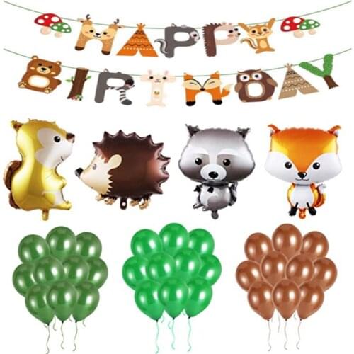 15pcs/lot Animal banner Fox Hedgehog Squirrel Raccoon Foil Balloons helium Birthday wedding Forest Theme Party Decoration