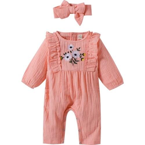 2021 Newborn Infant Baby Girl Winter Clothes Boy Solid Ruffle Romper Headband Outfits Set baby Jumpsuit Floral Embroidery Design