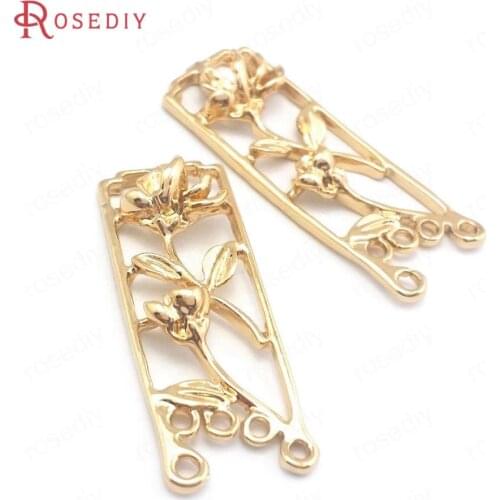 40269)10PCS 12x32MM 24K Champagne Gold Color Brass with Flower Rectangle Charms Pendants Jewelry Making Supplies Diy Findings