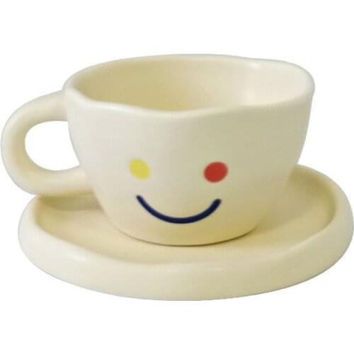White Kawaii Cute Smiley Face Mug Classic Coffee Cup Meal Cup and Saucer Dessert Plate Set Customization