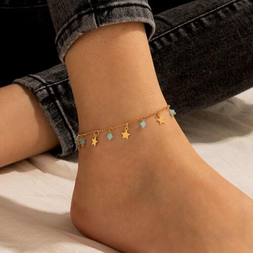 Docona Bohemian Blue Beaded Star Tassel Anklets for Women Simple Geometry Single Layer Foot Chains Female Summer Jewelry 4179