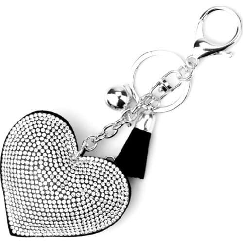 14Colors Silver Plated Heart Keychain Leather Tassel Holders Metal Crystal Key Chains Keyring Charm Bag Car Pendant Gift