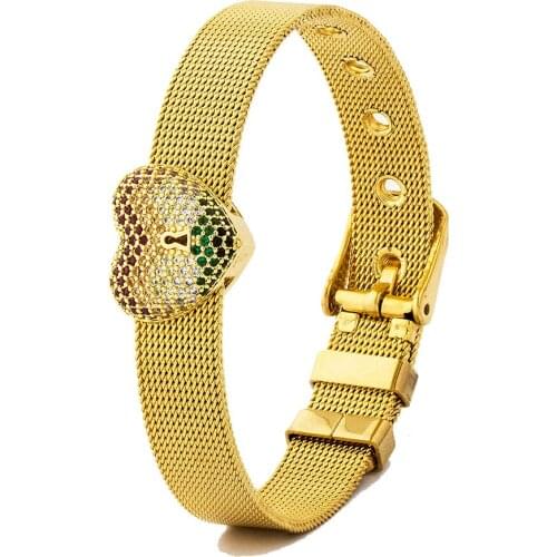 Heart Shape CZ Rhinestone Adjustable Stainless Steel Bracelet Watch Belt Bangle Jewelry For Women Girls Decoration Best Gifts