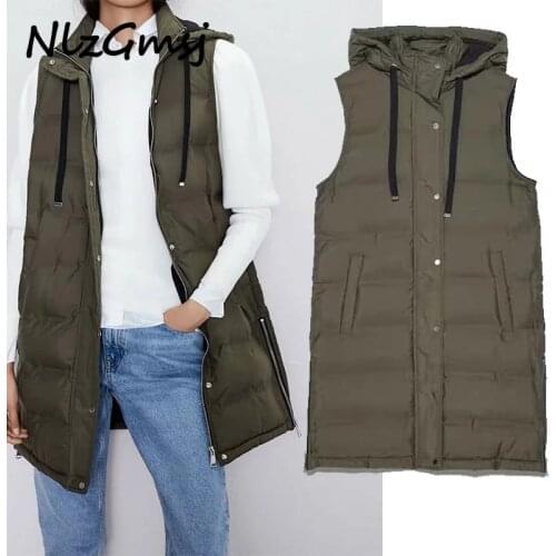 Nlzgmsj Za 2021 Autumn Winter Women Pocket Padded Cotton Jacket Coat Female Vintage Hooded Warm Vest Outerwear Chic Tops 202108