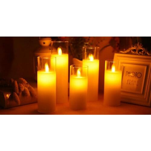 Set of 5 Battery operate Pillar Candle Paraffin Wax LED Glass Candle Dancing Swinging Wick Home Bar Decoration 5.3CM(Dia.)-Amber