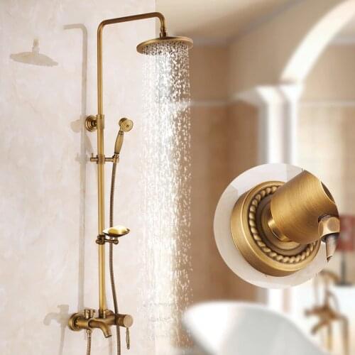 Bath Shower Faucets Set Hot & Cold Antique Brass Wall Mounted 8" Rainfall Shower Head With Handshower Rotating Mixer Crane Taps