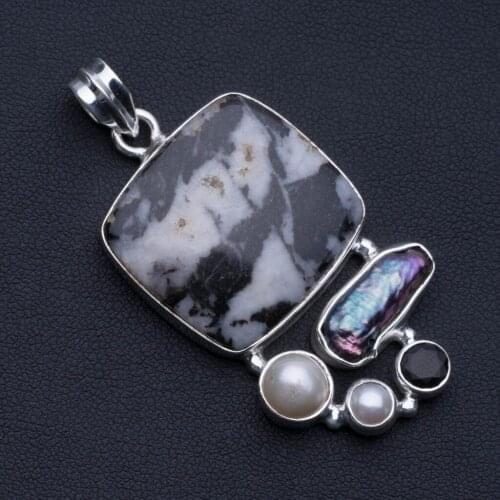 Natural Pinolith Jasper, Biwa Pearl, Black Onyx and River Pearl 925 Sterling Silver Pendant 2" P0559