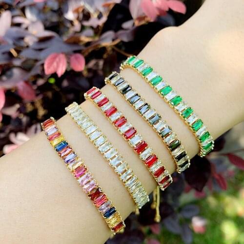 2021 New Shiny CZ Fine Fashion Bracelet Rainbow Colorful Square Tennis Chain Gorgeous Trendy Baguette Cubic Zirconia Bracelet