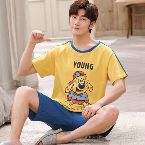 Pajamas Set Cotton Men Summer Yellow Short Sleeve Shorts Homewear Soft Casual Nightwear Funny Hip Hop Puppy Cartoon Sleepwear