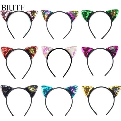 20pcs/lot Plastic Headband with 2.4'' Reversible Sequin Embroidery Ear Cat Fashion Hairband Hair Bow Accessories HB068