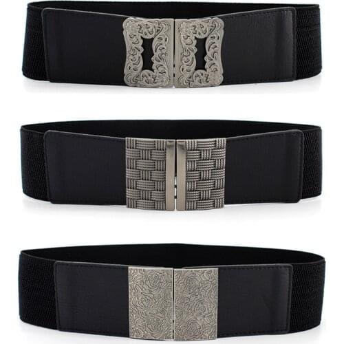 Wide Fashion Woman Belts Vintage Hollow Metal Buckles High Quality Stretchy Ladies Elastic Waistband For Women