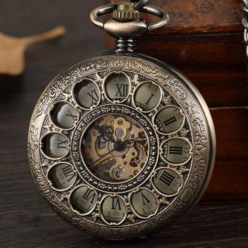 Vintage Hollow Bronze Mechanical Pocket Watch Men Skeleton Carving Steampunk Fob Hand Watch With Chain Necklace Women Men Gift