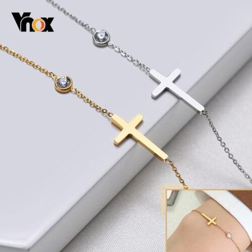 Vnox Delicate Sideways Cross Charm Bracelets for Women, Anti Allergy Stainless Steel Thin Chains Wristband Jewelry,16-19.5cm