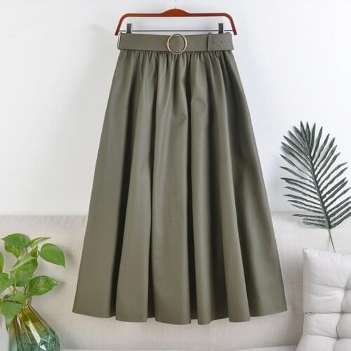 Autumn Winter Faux PU-leather Women Long Skirts with Belted High Waist Elegant 2021 New A-line Chic Mid-calf Umbrella Skirts